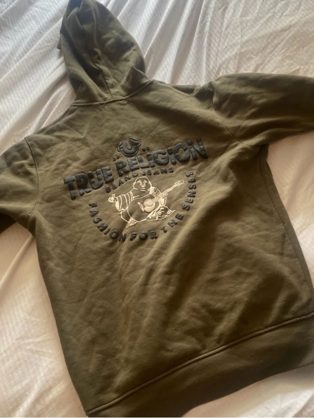 True Religion Olive Green Pullover Hoodie with Embroidered Logo